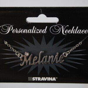 MELANIE Name Silvertone Rhinestone 14.5" w 4.5" Multi Ring Extender Necklace